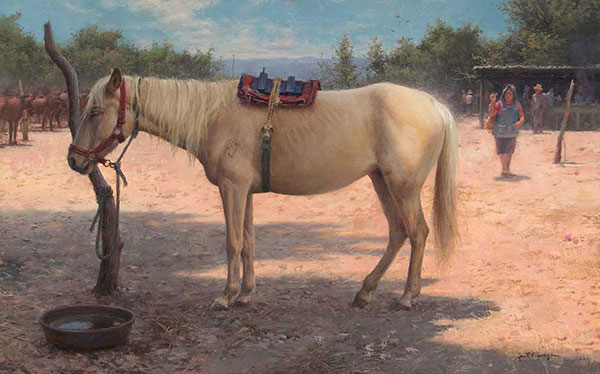 Southwest art gallery painting of a white horse.